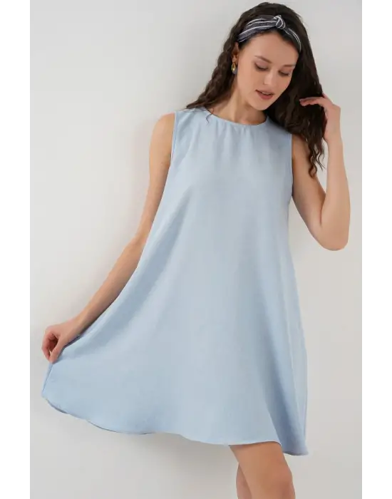 2444 Mini Keten Elbise - Açık Mavi