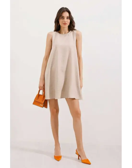 2444 Mini Keten Elbise - Bej