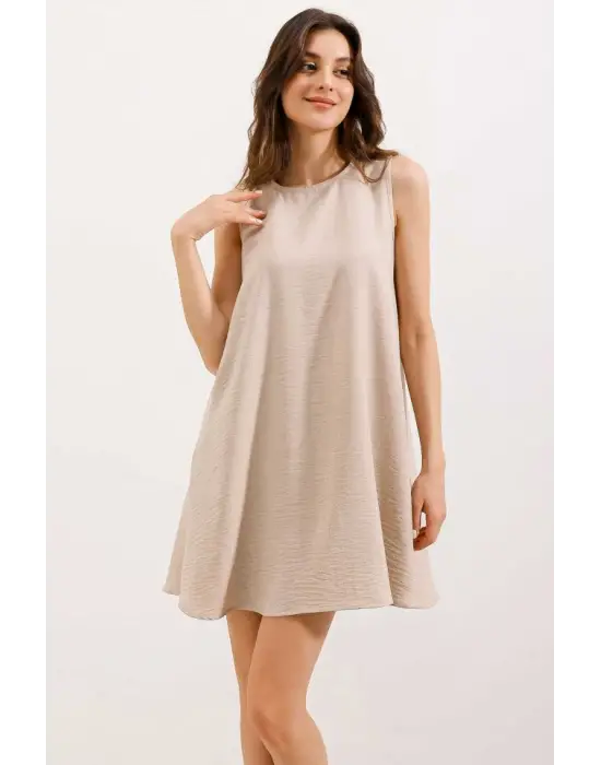 2444 Mini Keten Elbise - Bej
