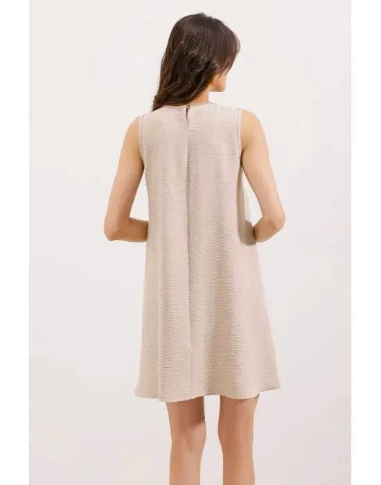 2444 Mini Keten Elbise - Bej