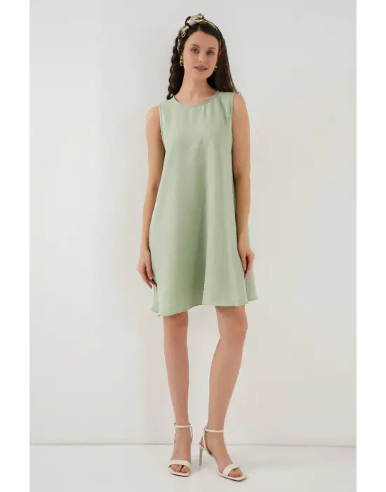 2444 Mini Keten Elbise - E.Yeşil