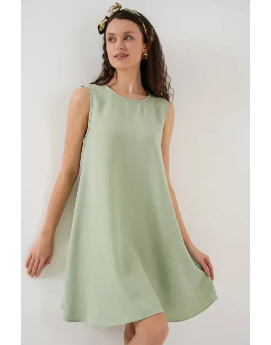 2444 Mini Keten Elbise - E.Yeşil