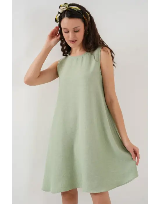 2444 Mini Keten Elbise - E.Yeşil