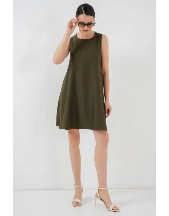 2444 Mini Keten Elbise - Haki