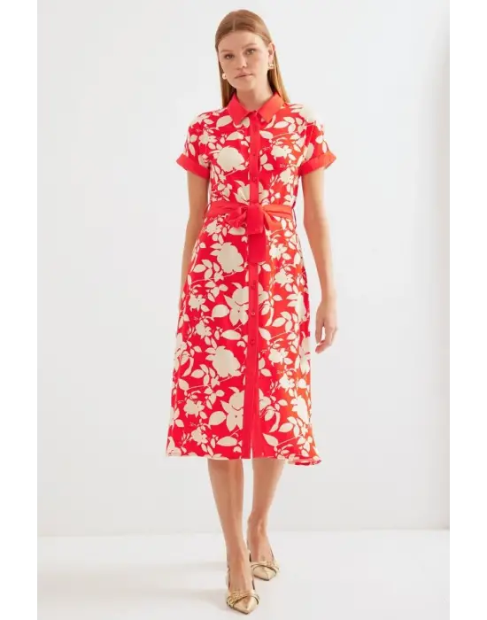 2455 Desenli Gömlek Elbise - Kırmızı
