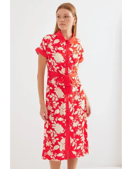 2455 Desenli Gömlek Elbise - Kırmızı