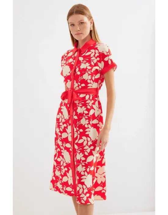 2455 Desenli Gömlek Elbise - Kırmızı
