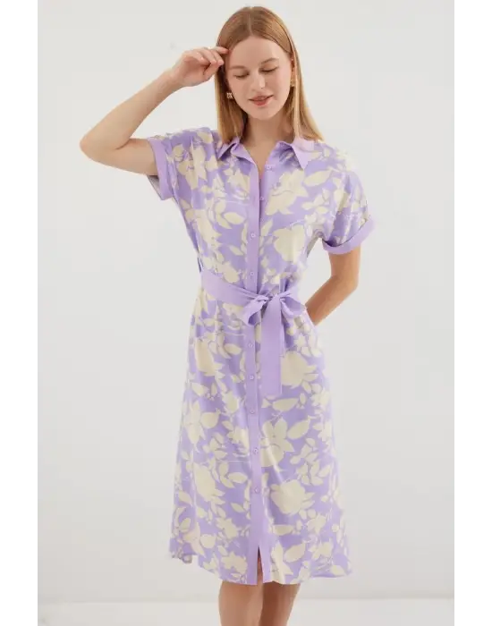 2455 Desenli Gömlek Elbise - Lila