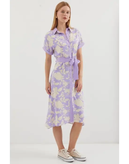 2455 Desenli Gömlek Elbise - Lila
