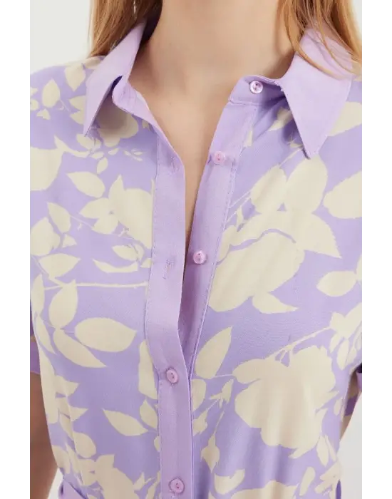 2455 Desenli Gömlek Elbise - Lila