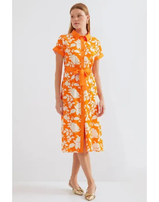 2455 Desenli Gömlek Elbise - Turuncu