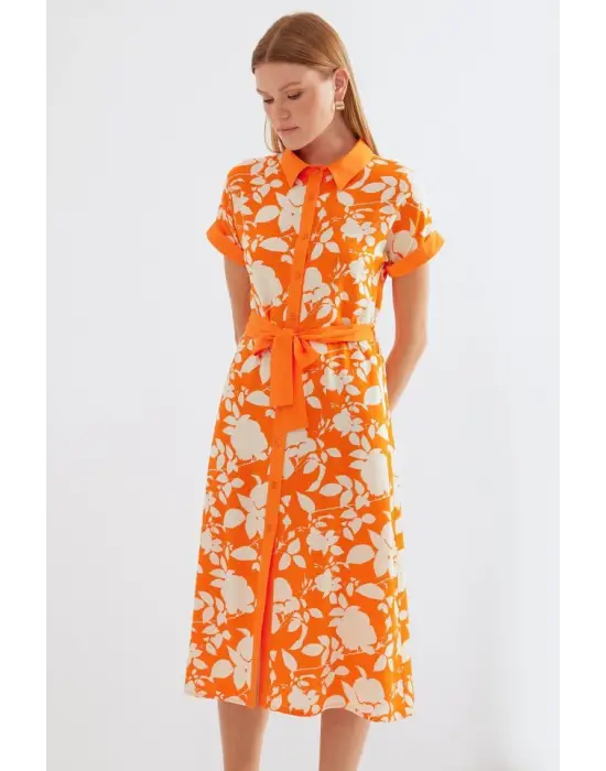 2455 Desenli Gömlek Elbise - Turuncu
