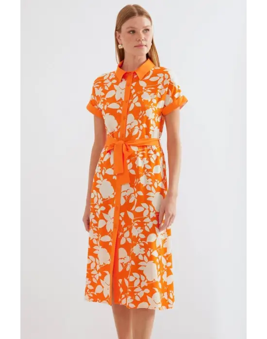 2455 Desenli Gömlek Elbise - Turuncu