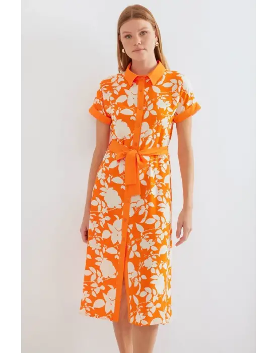 2455 Desenli Gömlek Elbise - Turuncu