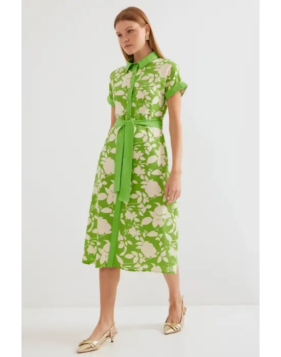2455 Desenli Gömlek Elbise - Yeşil