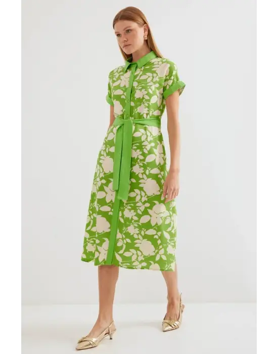 2455 Desenli Gömlek Elbise - Yeşil