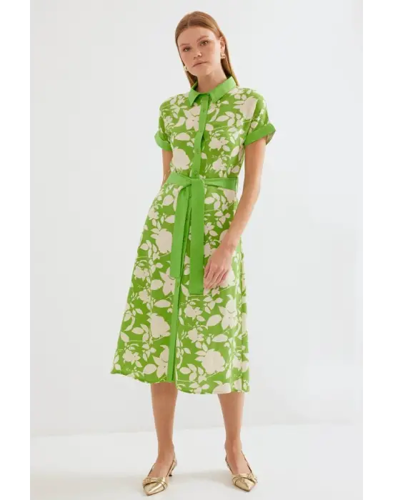 2455 Desenli Gömlek Elbise - Yeşil