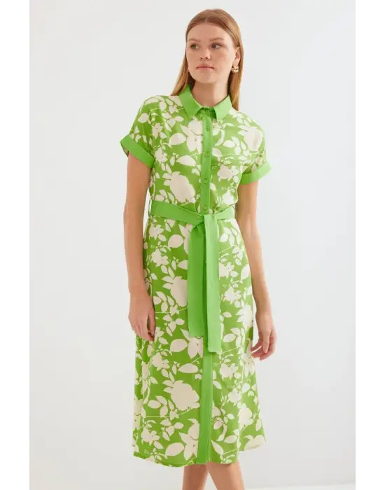 2455 Desenli Gömlek Elbise - Yeşil