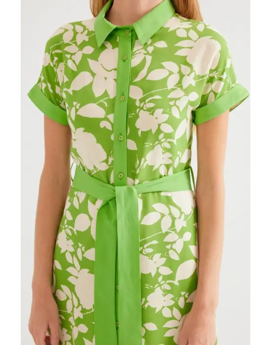 2455 Desenli Gömlek Elbise - Yeşil