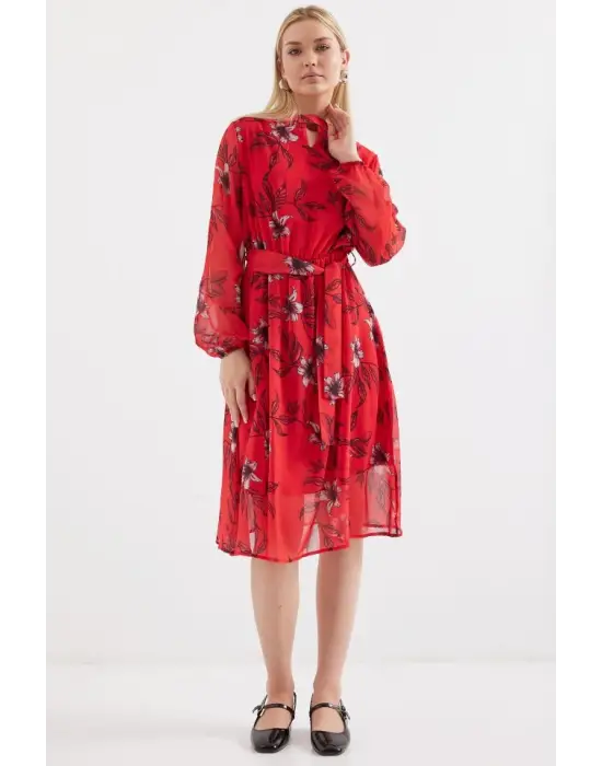 2459 Astarlı Desenli Tül Elbise - Kırmızı