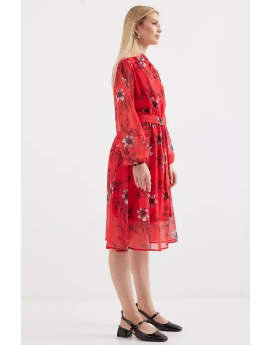 2459 Astarlı Desenli Tül Elbise - Kırmızı