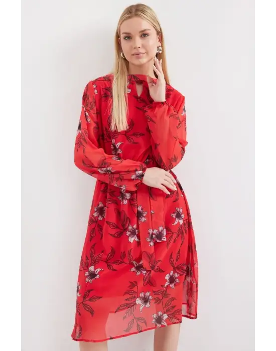 2459 Astarlı Desenli Tül Elbise - Kırmızı