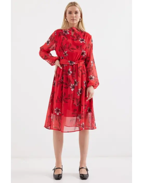 2459 Astarlı Desenli Tül Elbise - Kırmızı