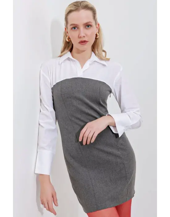 2474 Gömlek Detay Mini Elbise - Antrasit