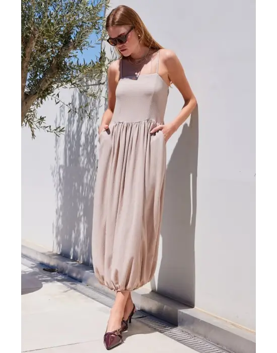 2492 Askılı Örme Salopet Elbise - Bej