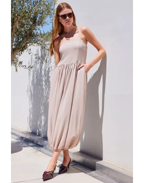 2492 Askılı Örme Salopet Elbise - Bej