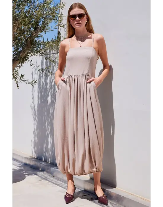 2492 Askılı Örme Salopet Elbise - Bej