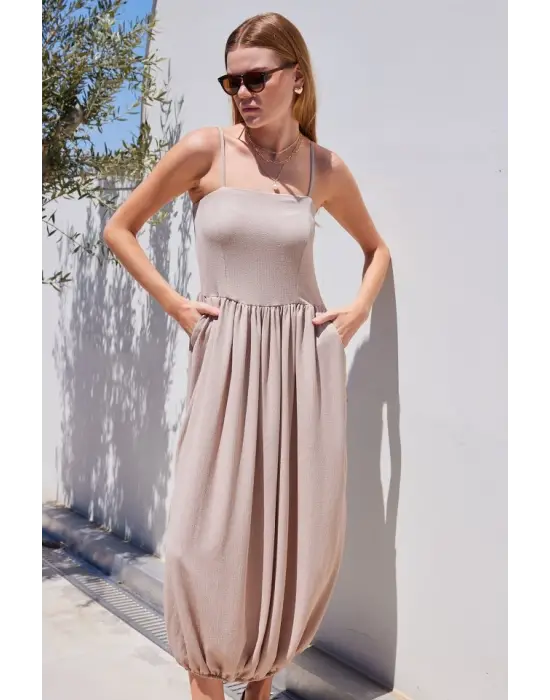 2492 Askılı Örme Salopet Elbise - Bej