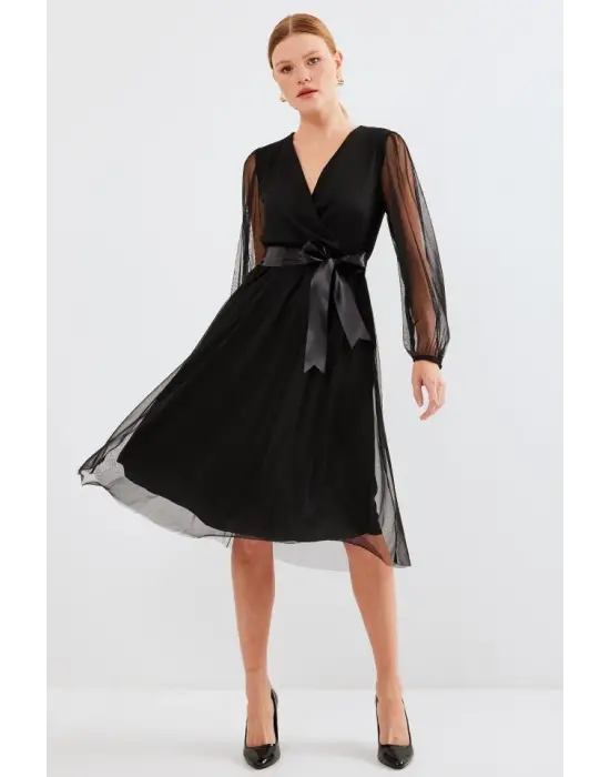 2494 Kruvaze Yaka Tül Elbise - Siyah