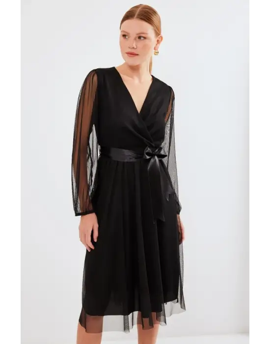 2494 Kruvaze Yaka Tül Elbise - Siyah