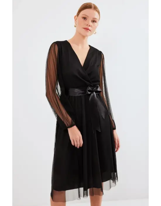 2494 Kruvaze Yaka Tül Elbise - Siyah