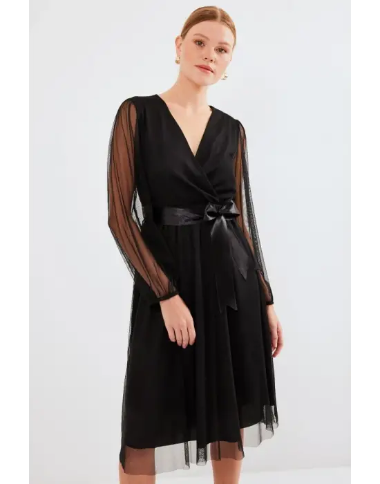 2494 Kruvaze Yaka Tül Elbise - Siyah