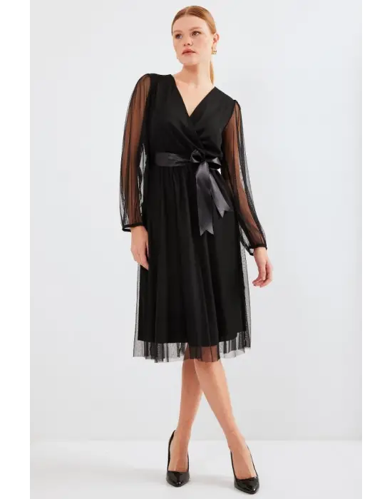 2494 Kruvaze Yaka Tül Elbise - Siyah