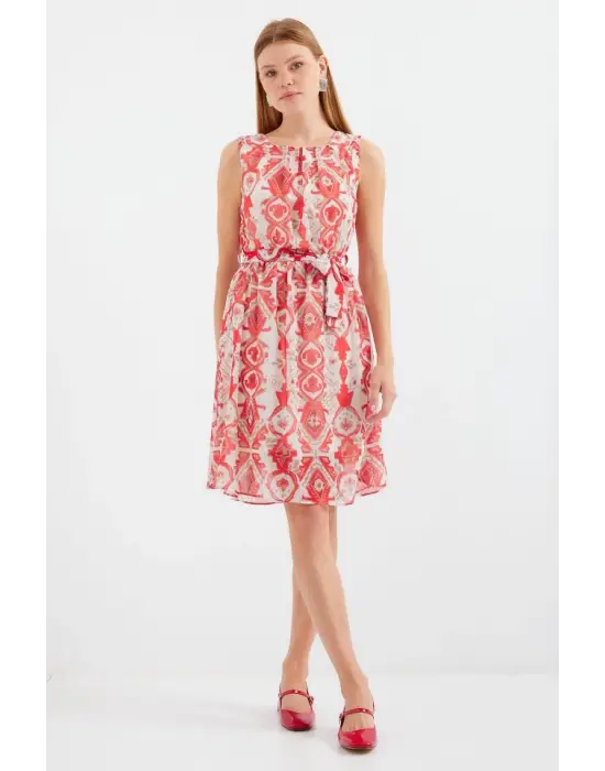 2501 Desenli Sıfır Kol Şifon Elbise - Kırmızı