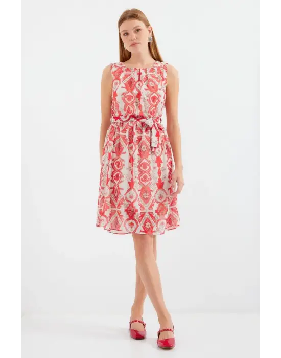 2501 Desenli Sıfır Kol Şifon Elbise - Kırmızı