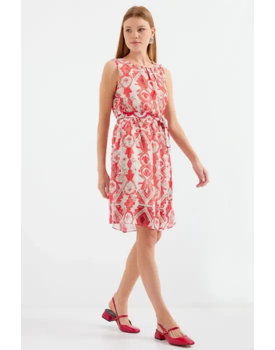 2501 Desenli Sıfır Kol Şifon Elbise - Kırmızı