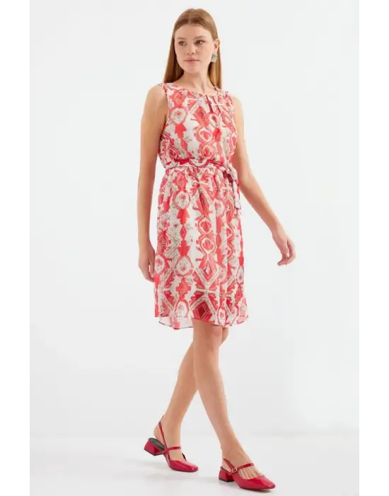 2501 Desenli Sıfır Kol Şifon Elbise - Kırmızı