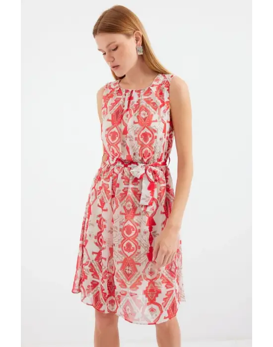 2501 Desenli Sıfır Kol Şifon Elbise - Kırmızı