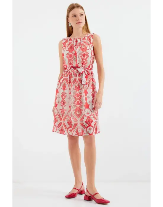 2501 Desenli Sıfır Kol Şifon Elbise - Kırmızı