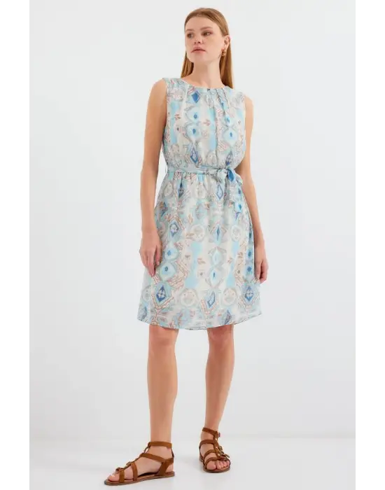 2501 Desenli Sıfır Kol Şifon Elbise - Mavi