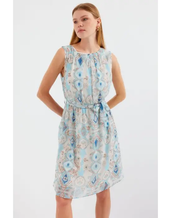 2501 Desenli Sıfır Kol Şifon Elbise - Mavi