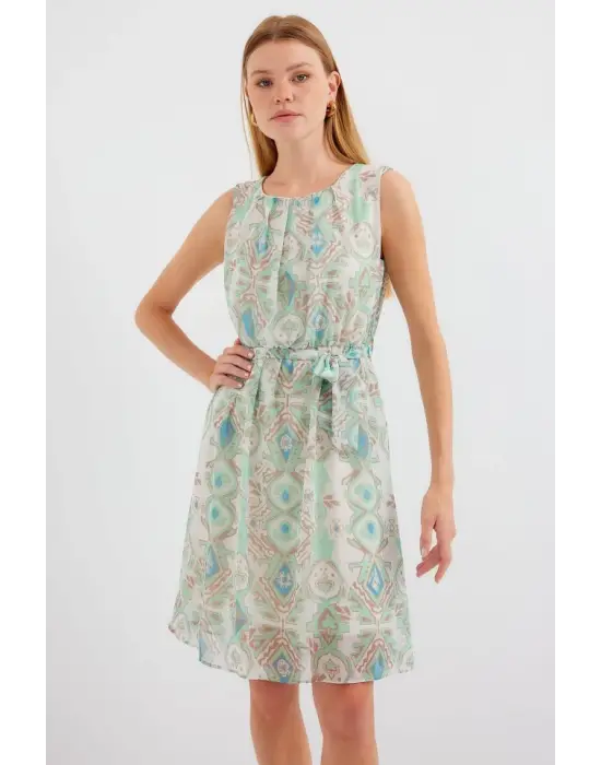 2501 Desenli Sıfır Kol Şifon Elbise - Mint