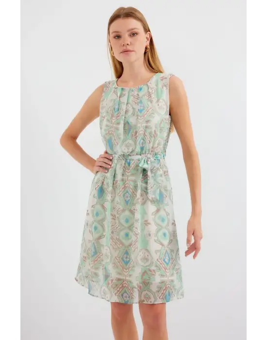 2501 Desenli Sıfır Kol Şifon Elbise - Mint