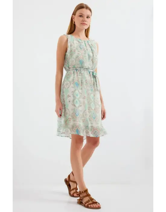 2501 Desenli Sıfır Kol Şifon Elbise - Mint
