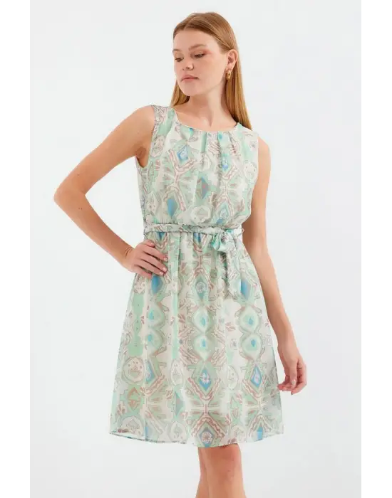 2501 Desenli Sıfır Kol Şifon Elbise - Mint
