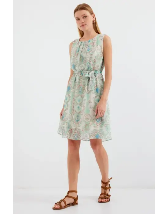 2501 Desenli Sıfır Kol Şifon Elbise - Mint